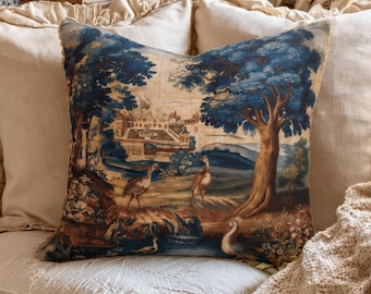 Blue Aubusson Inspired Landscape Pillow Cover, French Country Pillowcase Cushion Cover