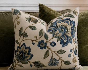 Blue Floral Vine Printed Pillowcase, Teal Botanical Pillow Cover, Vintage Pillow Case