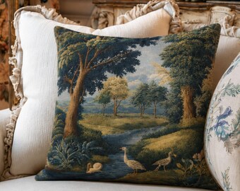 Vintage Pastoral Landscape Pillow Cover, Aubusson Inspired, French Country Cushion (Cover Only)