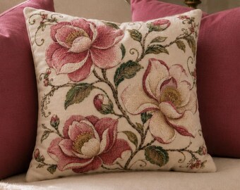 Pink Magnolia Pillow Cover, Printed Polyester Floral Cushion Case, Cottagecore Throw Pillowcase