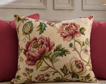 Vintage Peony Floral Pillow Cover, Romantic Cottagecore Throw Pillowcase, Elegant French Country Printed Cushion Case,