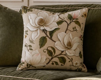Cream Magnolia Floral Printed Pillow Cover, Elegant Botanical Throw Pillowcase, Neutral Cottagecore Cushion Case