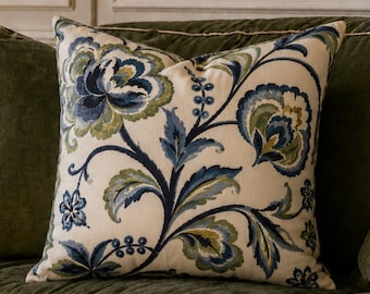 Blue Floral Faux-Suede/Spun Polyester Pillow Cover, Elegant Botanical Faux Linen Pillow, Navy Throw