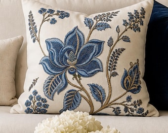 Printed Blue Ivory Floral Pillow Cover, Jacobean Botanical Throw Pillowcase, Embroidered-Look Motive