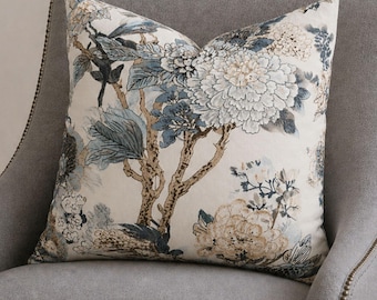 Dusty Blue Grey Floral Printed Pillow Cover, Botanical Throw, Neutral Home Decor
