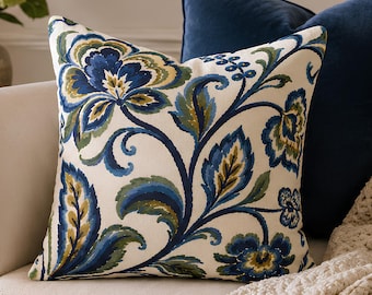 Blue Cream Floral Printed Pillow Cover, French Country Jacobean Pillowcase (Faux Suede/ Spun Polyester)