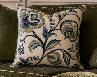 Blue Floral Throw Pillow Cover, Elegant Botanical Pillowcase, Navy Blue Cottagecore Cushion Case