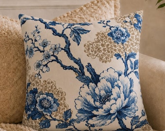 Blue Floral Chinoiserie Printed Pillow Cover, French Country Square Spun Polyester Case