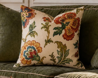 Vintage Floral Printed Pillow Cover, Elegant Botanical Throw Pillowcase, French Country Cushion Case