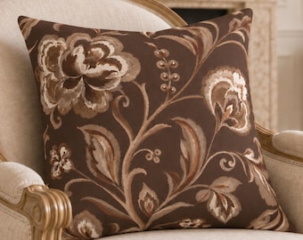 Brown Floral Printed Pillow Cover, Vintage Botanical Cushion Case, Chocolate Taupe Spun Polyester Throw