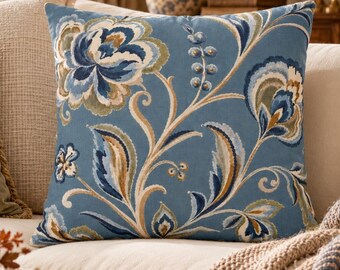 Dusty Blue Floral Pillow Cover, French Country Throw Pillowcase, Grandmillennial Decor