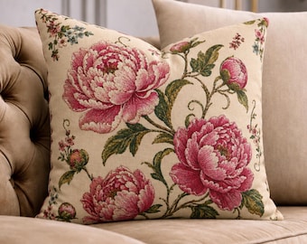 Pink Peony Floral Pillow Cover, Vintage Botanical Garden Cushion Case