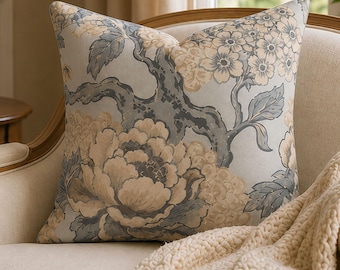 Neutral Blue Floral Pillow Cover | French Country Cottage Decor | Vintage Botanical Throw Pillowcase