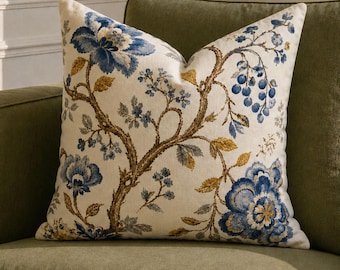 Blue Floral Vine Pillow Cover, French Country Botanical Cushion (Printed)
