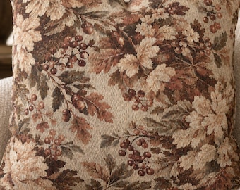 Brown Floral Woven Tapestry Pillow, Vintage Botanical Throw, French Country Woodland Decor