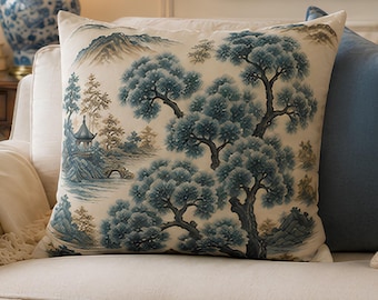 Blue Chinoiserie Pillow Cover, Asian Landscape Scenic Throw Printed Pillowcase