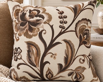 Brown Floral Printed Pillow Cover, Autumn Botanical Throw Pillowcase, Neutral Taupe Cream Cushion Case