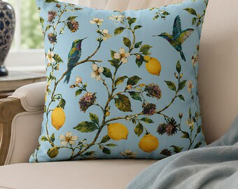Sky Blue Hummingbird Lemon Branches Pillow Cover, Botanical Bird Pillowcase