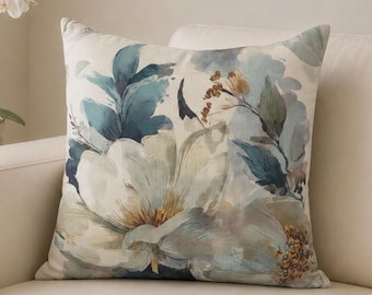 Blue Magnolia Watercolor Pillow Cover, Soft Floral Cushion Case, Neutral Home Decor