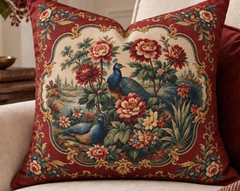 Victorian Style Peacocks Printed Pillowcase, Burgundy French Aubusson Floral Cushion Cover