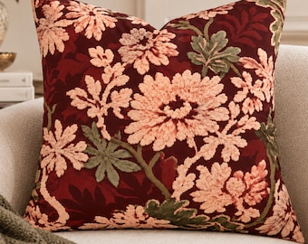 Burgundy Vintage Floral Faux Suede Pillowcase, Red Botanical Cushion Cover, Traditional Home Decor