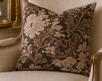 Brown Vintage Floral Printed Pillow Cover, Botanical Taupe Chrysanthemum Cushion, Spun Polyester Home Decor