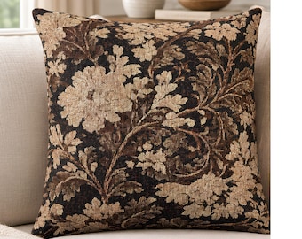 Woven Tapestry Pillow, Brown Floral English Country Decor, Brown Cream Jacquard Throw Cushion