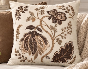 Brown Botanical Pillow Cover, Printed Polyester Cushion Case, Chinoiserie Floral Pillowcase