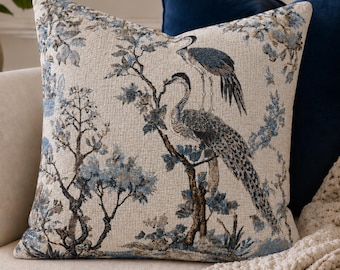 Blue Chinoiserie Crane Pillow Cover, French Country Bird Print (Spun Polyester/Faux Suede)