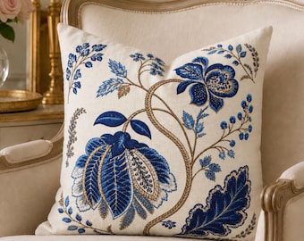 Blue Botanical Pillow Cover, Printed Polyester Cushion Case, Chinoiserie Floral Pillowcase