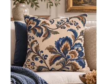 Brown Blue Floral Printed Throw Pillowcase, Autumn Botanical spun polyester Cushion Cover
