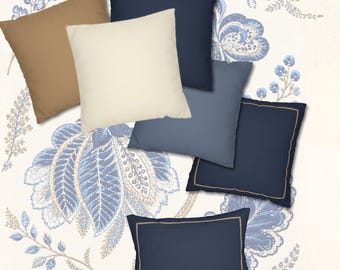 Navy, Dusty Blue, Camel, Ivory Pillowcases, Lumbar Pillow, Matching colors for "Blue Botanical" accent