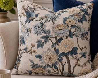 Dusty Blue Grey Chinoiserie Printed Spun Polyester Pillowcase, Vintage Botanical Floral Cushion Cover
