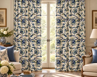 Blue Floral Fabric by Yard, French Country Home Decor, Spun Polyester or Faux Linen