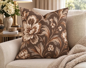 Brown Floral Printed Pillow Cover, Vintage Botanical Throw Pillowcase, Taupe Beige Flowers