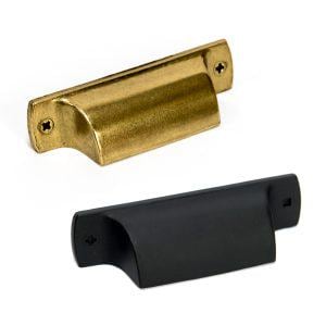 May include: Two cabinet pulls are shown. One is a gold-toned, rectangular pull with a curved handle. The other is a black, rectangular pull with a curved handle. Both pulls have screw holes for mounting.