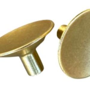 May include: Two brass-colored cabinet knobs with an oval face and a cylindrical stem. The knobs have a slightly textured surface and a warm, golden hue. The knobs are designed for furniture and home decor.