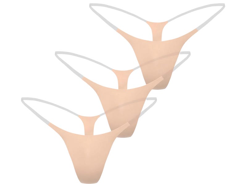 May include: Three pairs of nude-colored thong underwear with white straps. The underwear is made of a soft, seamless material. The thongs are arranged in a diagonal pattern against a white background.