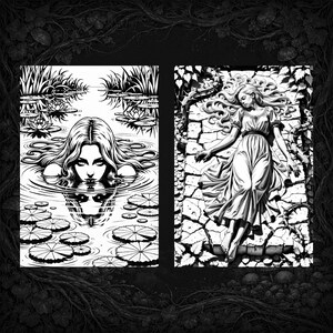 Puede incluir: Dos ilustraciones en blanco y negro. La primera representa a una mujer emergiendo del agua, rodeada de nen&uacute;fares. La segunda muestra a una mujer con un vestido fluido tumbada sobre piedra agrietada, con vides y hojas.