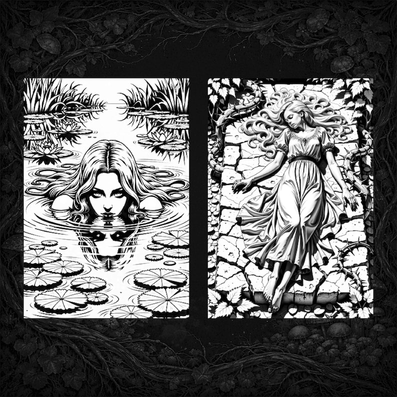 Puede incluir: Dos ilustraciones en blanco y negro. La primera representa a una mujer emergiendo del agua, rodeada de nen&uacute;fares. La segunda muestra a una mujer con un vestido fluido tumbada sobre piedra agrietada, con vides y hojas.