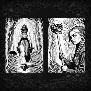 Puede incluir: Ilustraciones en blanco y negro de escenas de fantas&iacute;a g&oacute;tica. Una representa a una mujer con una capa con capucha caminando en un bosque con un lobo. La otra muestra a una mujer sosteniendo una calavera en un palo.