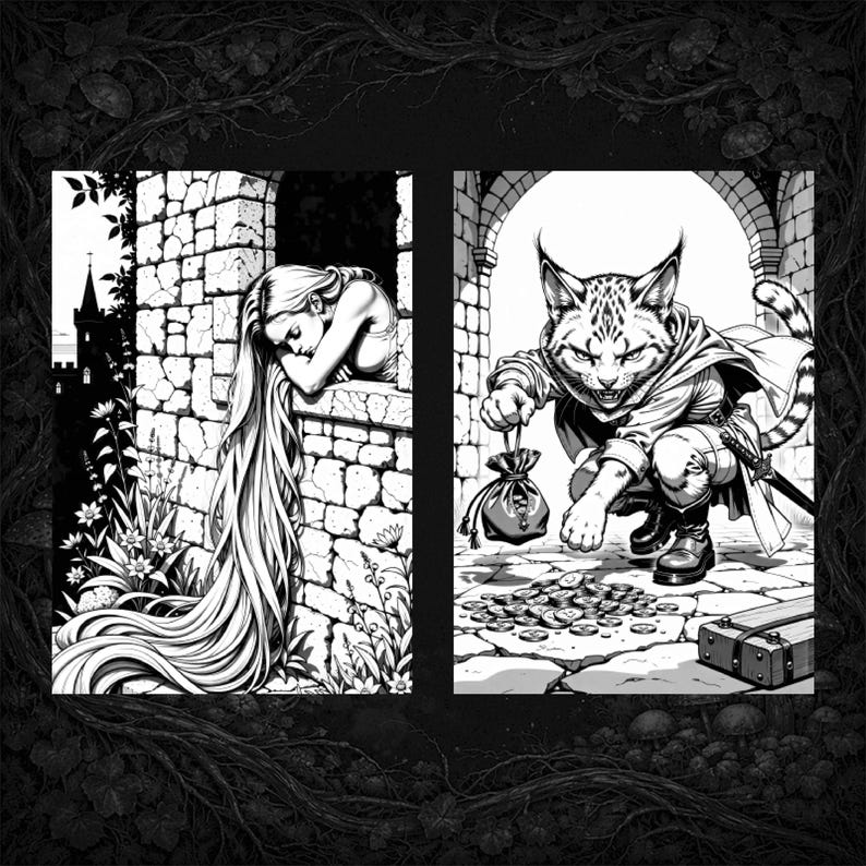 Puede incluir: Impresi&oacute;n art&iacute;stica de fantas&iacute;a en blanco y negro con dos paneles. Uno muestra a una mujer con cabello largo contra una pared de piedra. El otro representa una criatura felina sosteniendo una bolsa de dinero, rodeada de monedas. Un cofre del tesoro est&aacute; cerca.