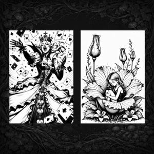 Puede incluir: Dos ilustraciones en blanco y negro. La primera representa a una reina con corona, rodeada de naipes. La segunda muestra a una ni&ntilde;a acurrucada dentro de una flor grande, rodeada de otras flores y capullos. El estilo recuerda a un libro para colorear.