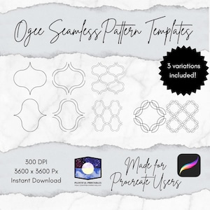 May include: Digital templates for seamless ogee patterns. The image shows several pattern variations, with the text "3 variations included!" and "Made for Procreate Users". The image also includes the text "300 DPI", "3600 x 3600 Px", and "Instant Download".