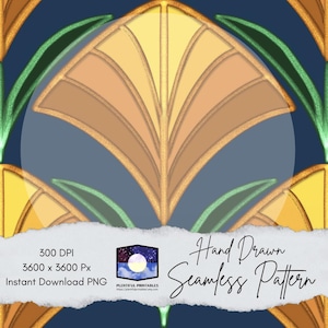 May include: A seamless pattern design featuring a stylized floral motif in shades of yellow, brown, and green against a dark blue background. The design includes the text "Hand Drawn Seamless Pattern".