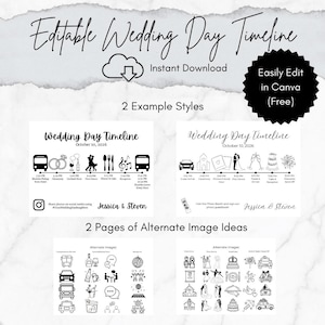 Può includere: Un modello di timeline del giorno del matrimonio con due stili di esempio, con icone per gli eventi della cerimonia. Include il testo "Timeline del giorno del matrimonio modificabile" e "Download istantaneo". Facile da modificare in Canva.