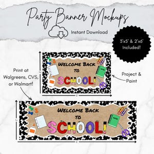 May include: Two rectangular party banners with a black and white cow print border and a tan centre. The text reads "WELCOME BACK TO SCHOOL!" in colourful letters. Illustrations include a notebook, glue, scissors, and paperclips. Sizes are 3'x5' and 2'x6'.