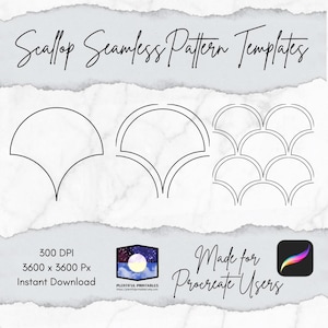 Könnte beinhalten: Digitale Vorlagen für nahtlose Muschelmuster. Das Bild zeigt drei Variationen des Muschelmusters zusammen mit dem Text "Scallop Seamless Pattern Templates". Zusätzlicher Text enthält "300 DPI", "3600 x 3600 Px" und "Sofort-Download".