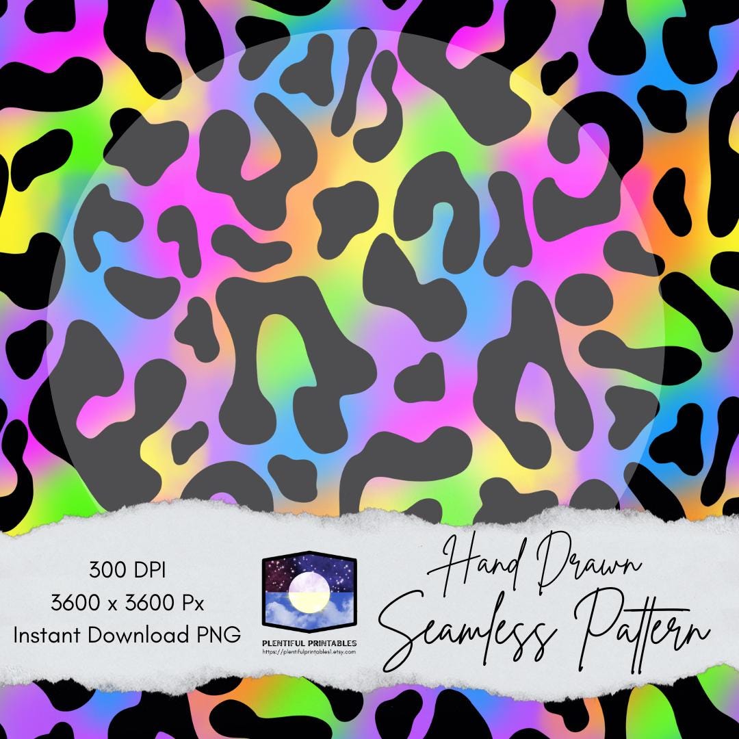 Neon Rainbow Leopard Print Seamless Pattern | 90s Style (digital ...