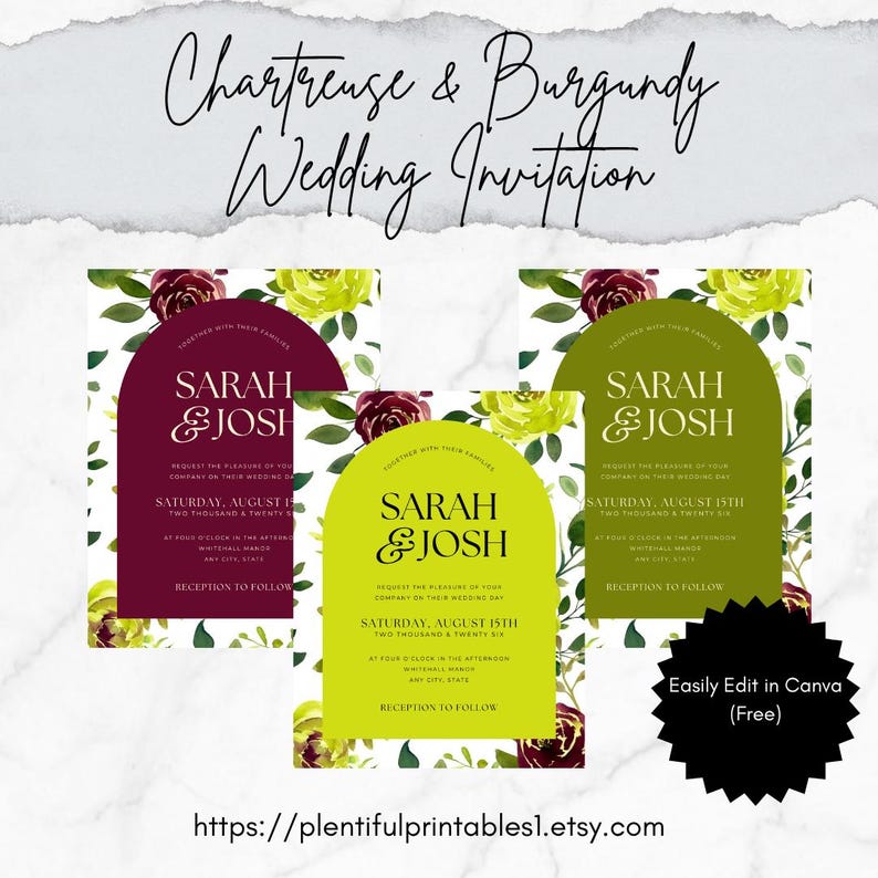 Burgundy & Chartreuse Wedding Invitation | 5x7 Elegant Foral Wedding ...